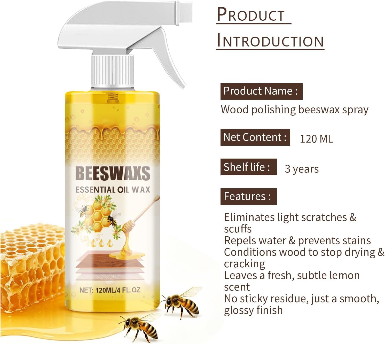 Beeswax Wood Polish,Natural Beeswax Spray,Furniture Polish,Wood Cleaner,Wood Floor Polish,Applicable To Living Room,Kitchen,Wood Furniture Floors (1)