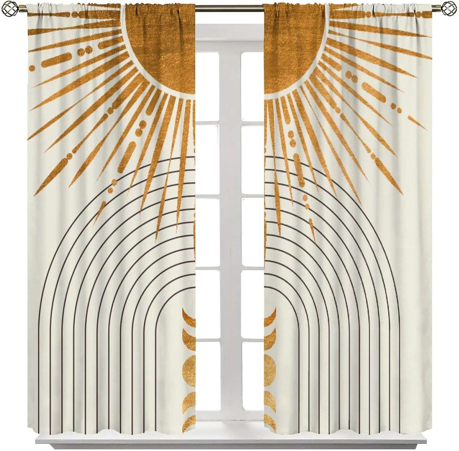 Boho Sun Curtains, Mid Century Abstract Arch Modern Moon Phase Minimalist Aesthetic Gold Print Blackout Window Treatments for Living Room Bedroom 52x84in