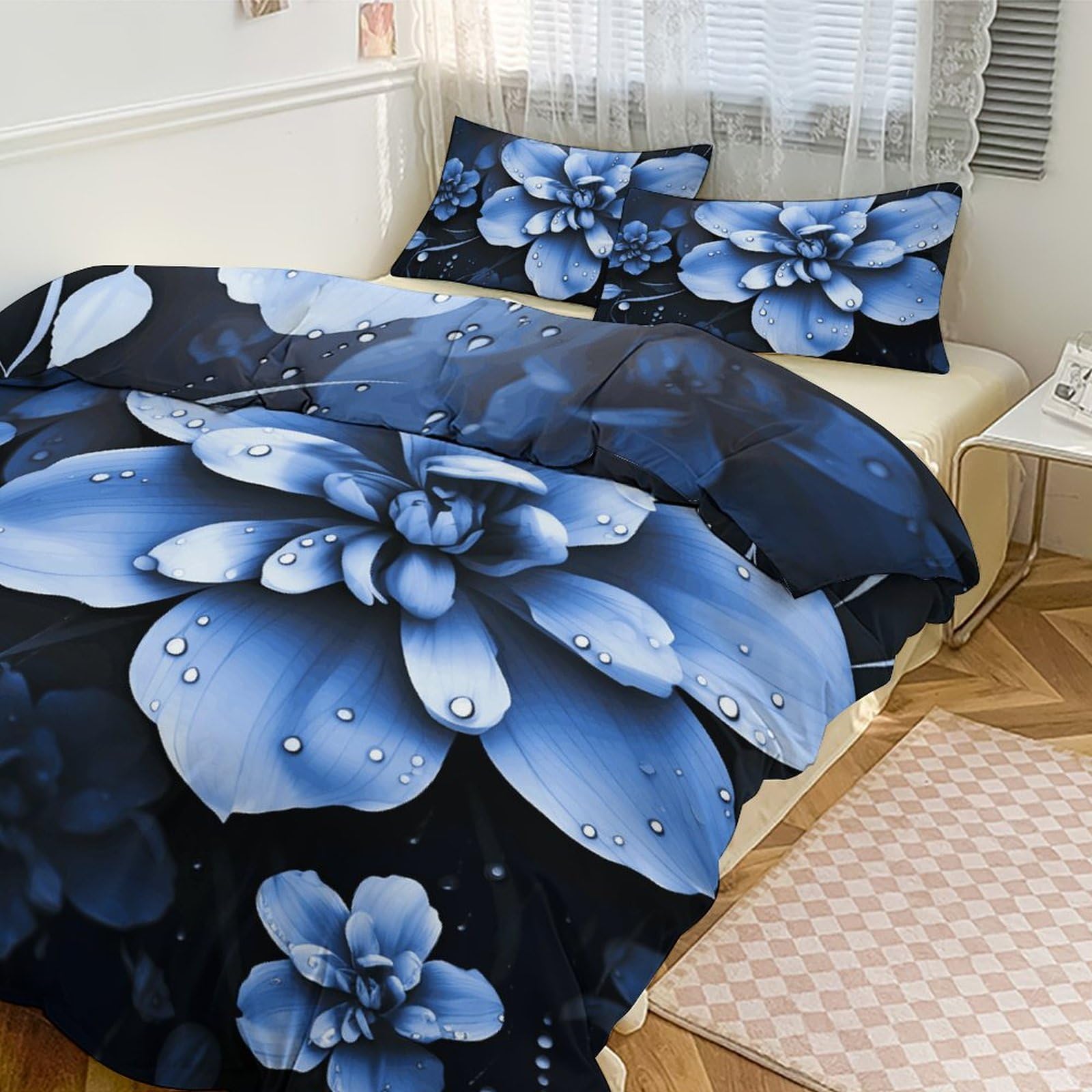 Housse de couette pour grand lit floral bleu et ses 2 taies d'oreiller