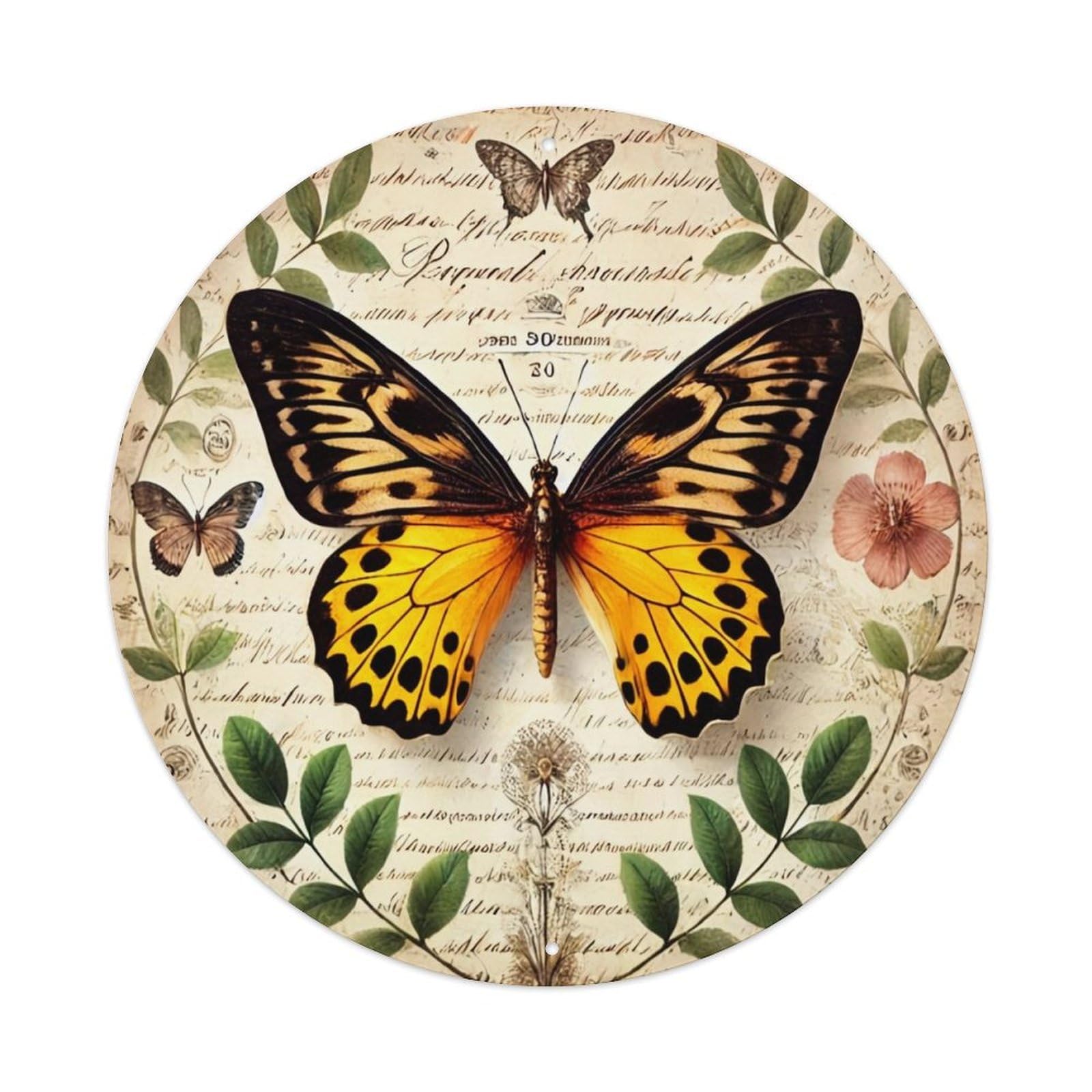 Butterfly Floral Script Leaves Pattern Round Metal Tin Sign Vintage Wall Decor, Bar Garage Cafe Kitchen Home Wall Art Poster 8x8inches