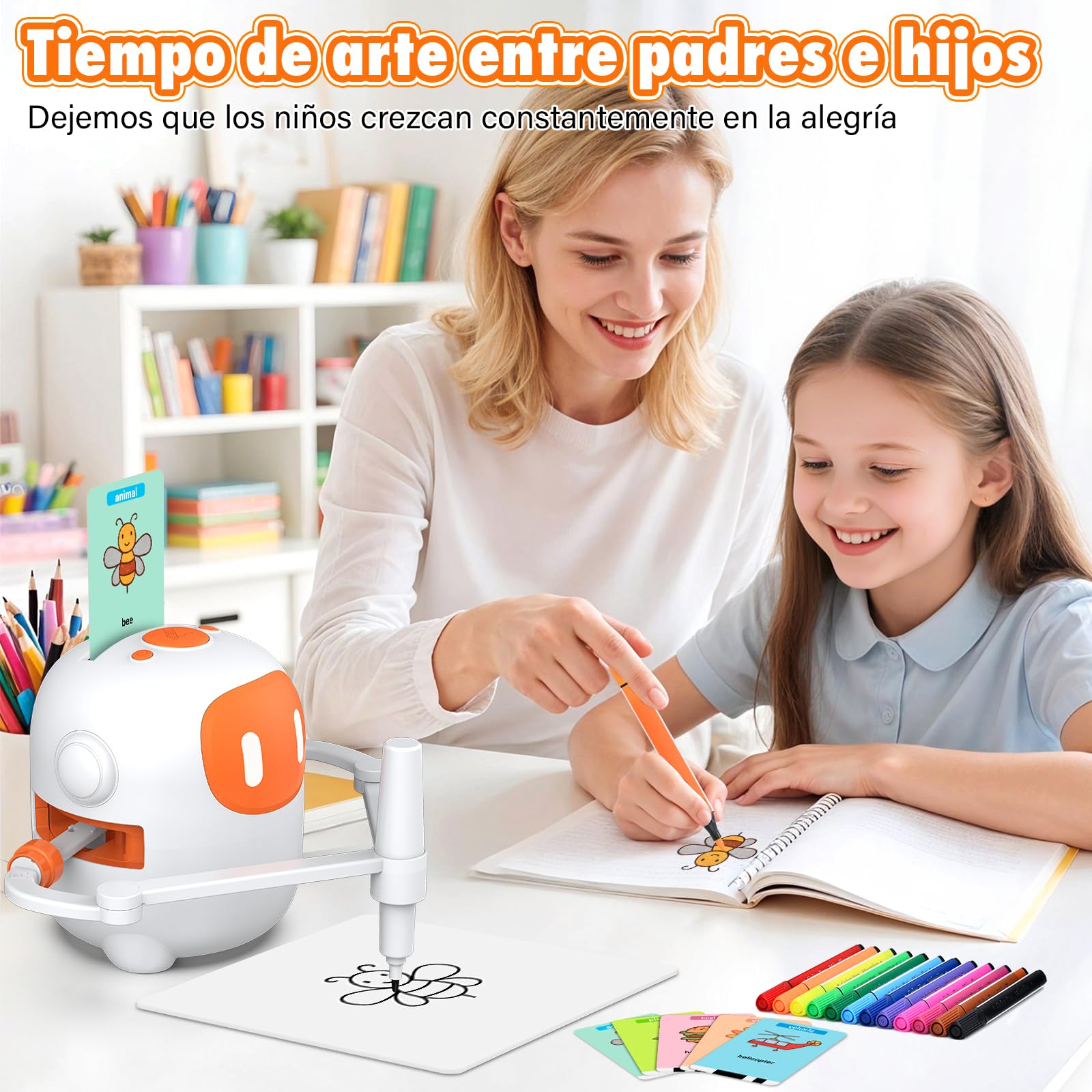 Robot de Dibujo Infantil con 100 Tarjetas y 12 Rotuladores, Juguete con Interacción por Voz Que Fomenta Concentración y Paciencia, Regalo Ideal para Niños Mayores de 3 Años, Blanco