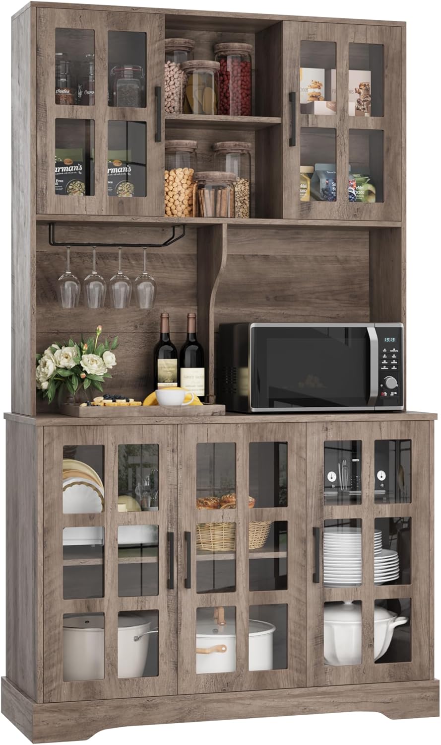 Keyluv Kitchen Pantry Storage Cabinet 71" Tall Freestanding Pantry Cabinet, Farmhouse Glass Door Buffet with Oven Countertop, Large Wood Hutch for Kitchen, Living Room and Dining Room, Rustic