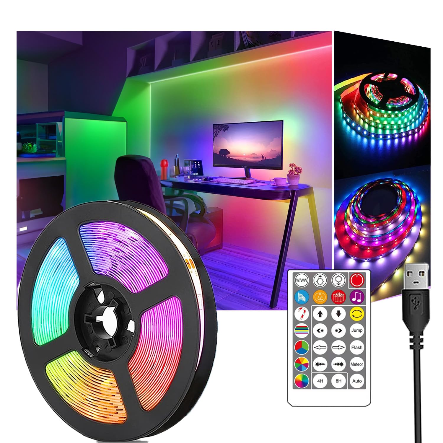 1pcs 6.5ft 5V RGB Color Flow led Strip Light USB Powered with 28 Keys Remote, Music sync Immerse Yourself in Dynamic Lighting