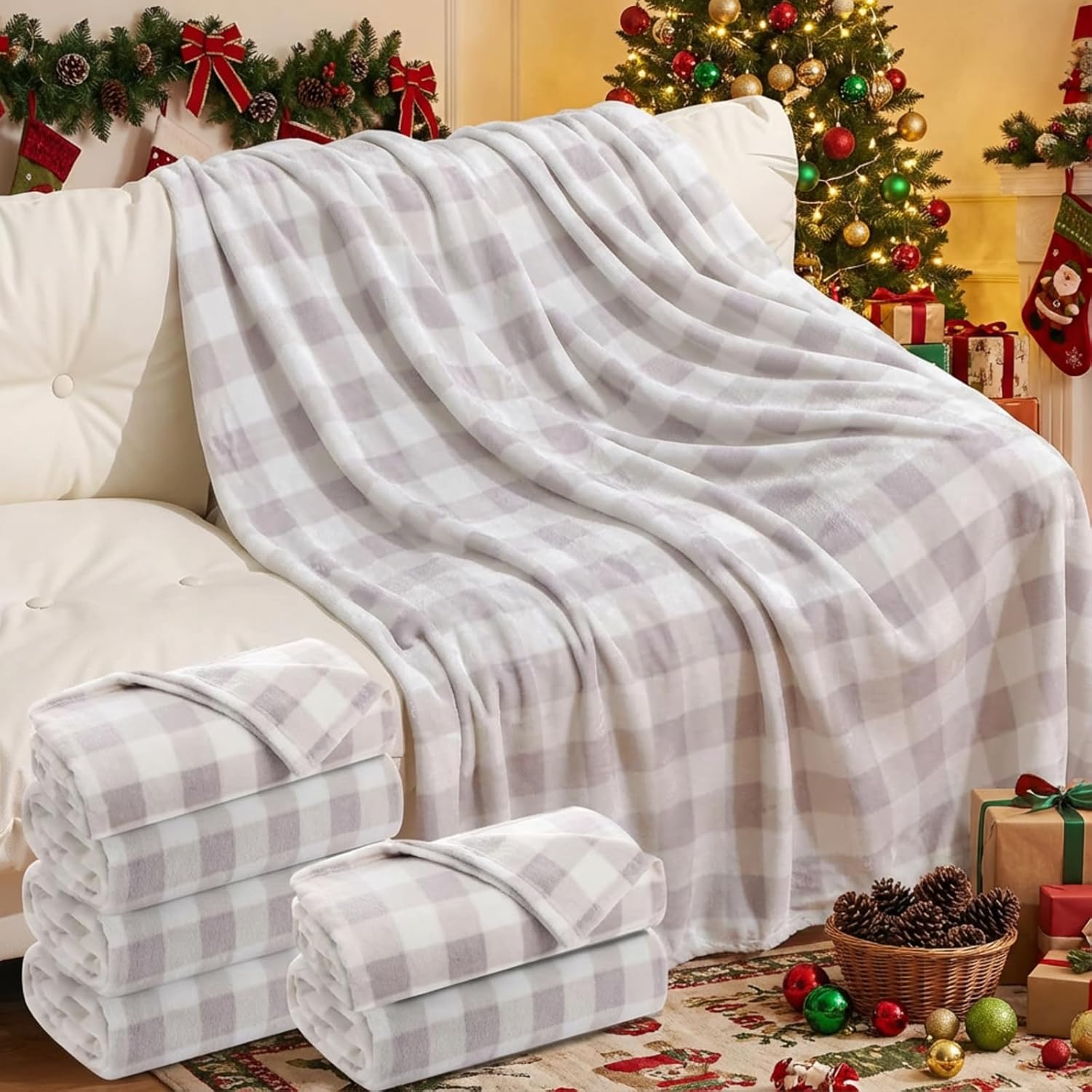Preboun 6 Pack Fleece Throw Blankets, Buffalo Plaid Lightweight Throws for Sofa, Travel, Office & Bulk Use(50 x 60 Inch,Grey and White)
