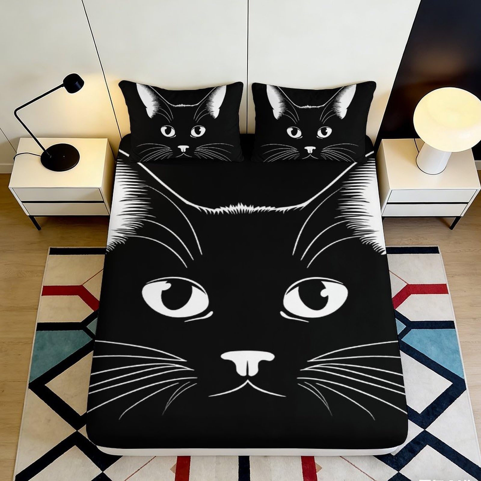 3D Printed Black Cat Fitted Sheet Microfiber Soft Breathable Whisker Face Bed Cover for Bedroom Dorm Guest Room Decor 90x200x25cm
