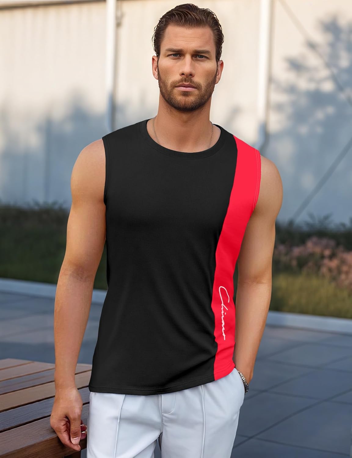 Tank Tops Men Color Block Round Neck Sleeveless Muscle Shirts for Men - Image 5