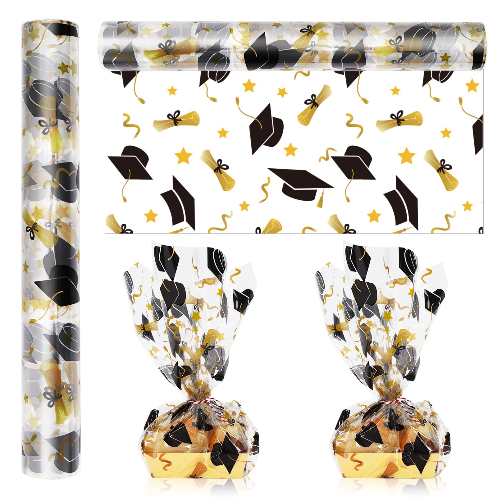 Whaline Graduation Cellophane Wrap Roll 100ft x 16 In 2.5Mil White Gold Cap Cellophane Paper Congrats Grads Crystal Clear Cello Wrapping Paper for Treats Gifts Basket Party Favor