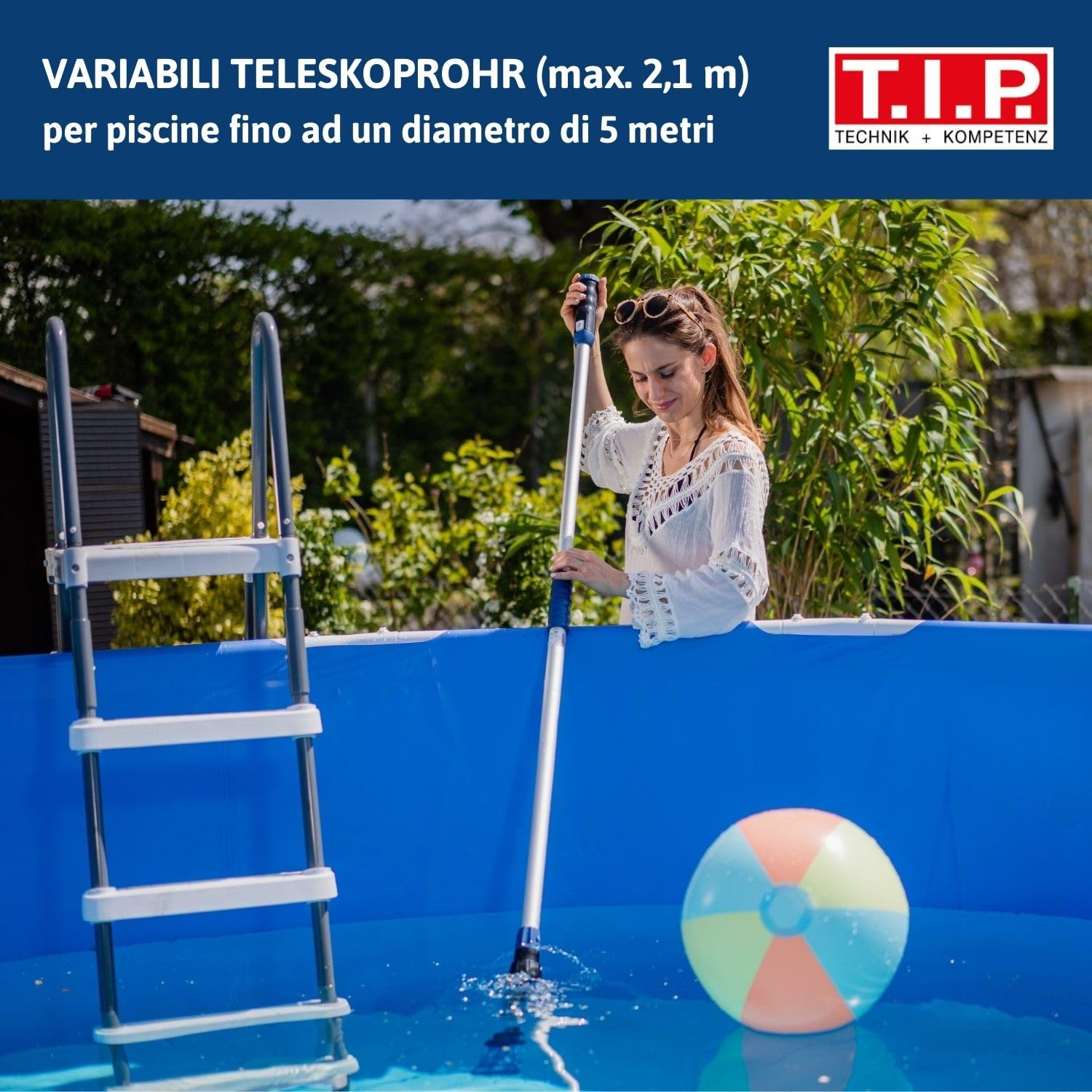 T.I.P. Sweep 2000 30445 - Aspiratore per Piscina a Batteria (9 Watt, 24 l/min, autonomia 50 min, Asta telescopica Max. 2,1 m, Due spazzole, rimozione mirata di Particelle di Sporco)