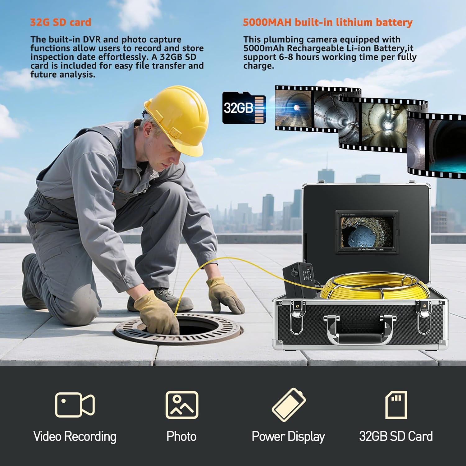 Sewer Camera 100 FT, 7" 1080P Screen & DVR,10X Zoom, Plumbing Cameras with Lights-6 LED, 32GB Card, IP68 Waterproof Snake Cameras for Duct Pipe,12V 4500mAh Battery Sewer Inspection Camera
