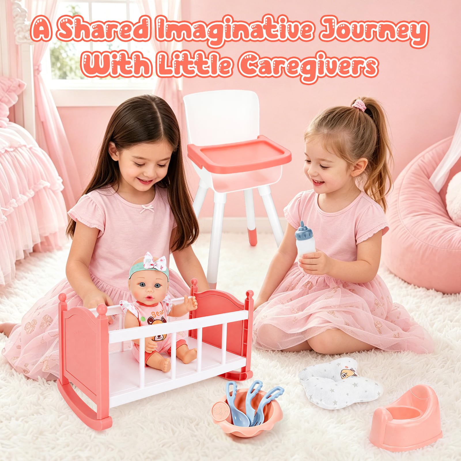 deAO Bambola con Accessori, Lettino e Seggiolone, Rosa | 30 cm Set di Giocattoli per Bambole con Giunture Mobili per Giochi di Ruolo e Regalo Bambini 3+