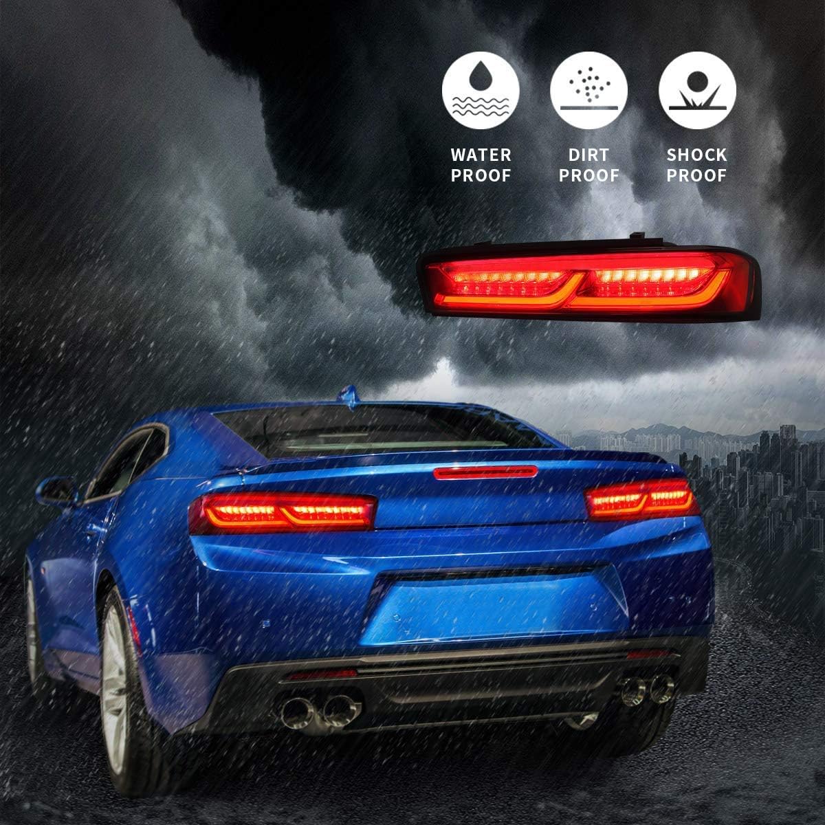 VLAND Full LED Tail Lights for [ Camaro Coupe 6th gen 2016 2017 2018 ] with Sequential Turn Signal DRLs Rear Tail Lamp Assembly YAB-CMR-0278H (RED)