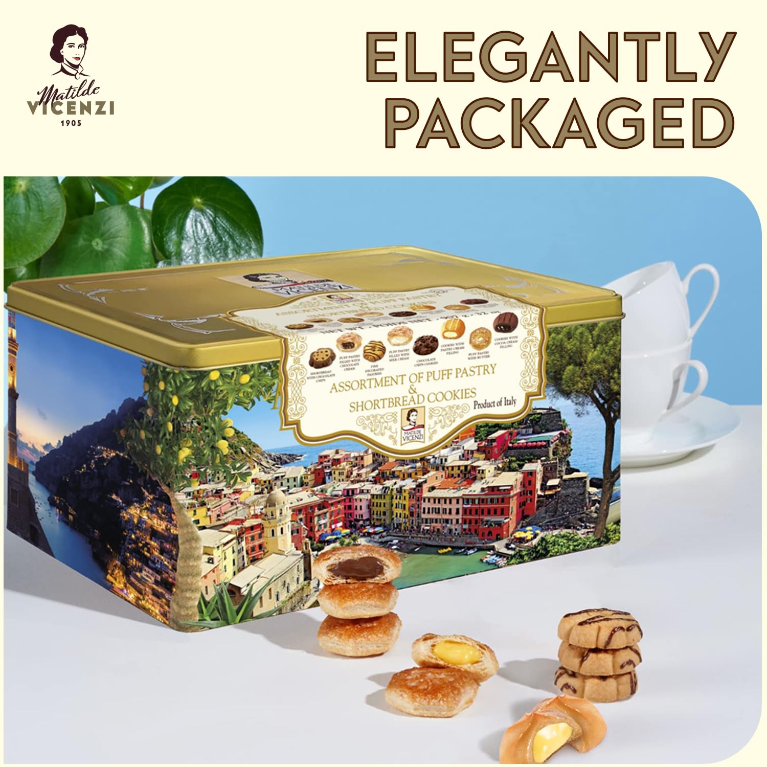Matilde Vicenzi Mediterraneo Cookie Gift Tin - Pastries & Cookies in Individually Wrapped Trays - Gourmet Gifts for Hosts, Birthdays - Assorted Cookies in Italian Design Tin 32.5oz (920g) view 7