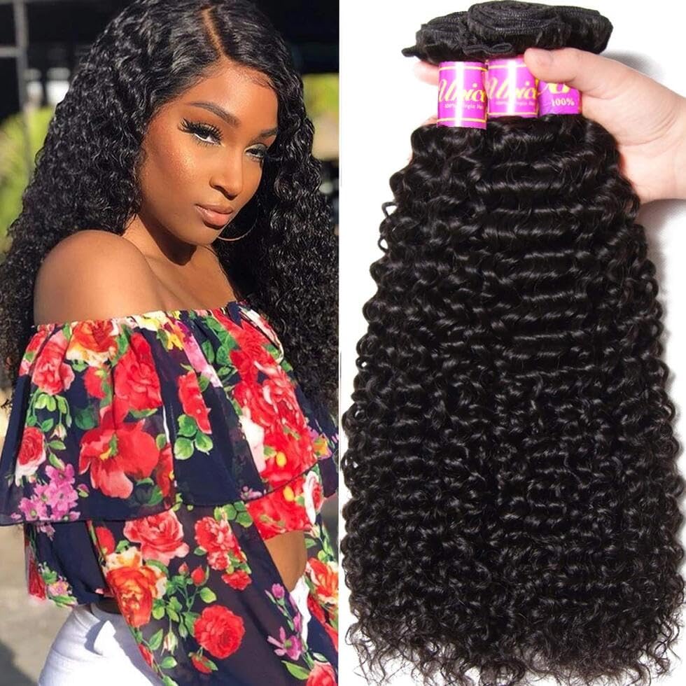 UNICE Human Hair Bundles Curly 16 18 20 inch 100% Unprocessed Brazilian Virgin Weave 3 Bundle Real Natural Black Human Hair Extensions 1B Natural Black Color for Women