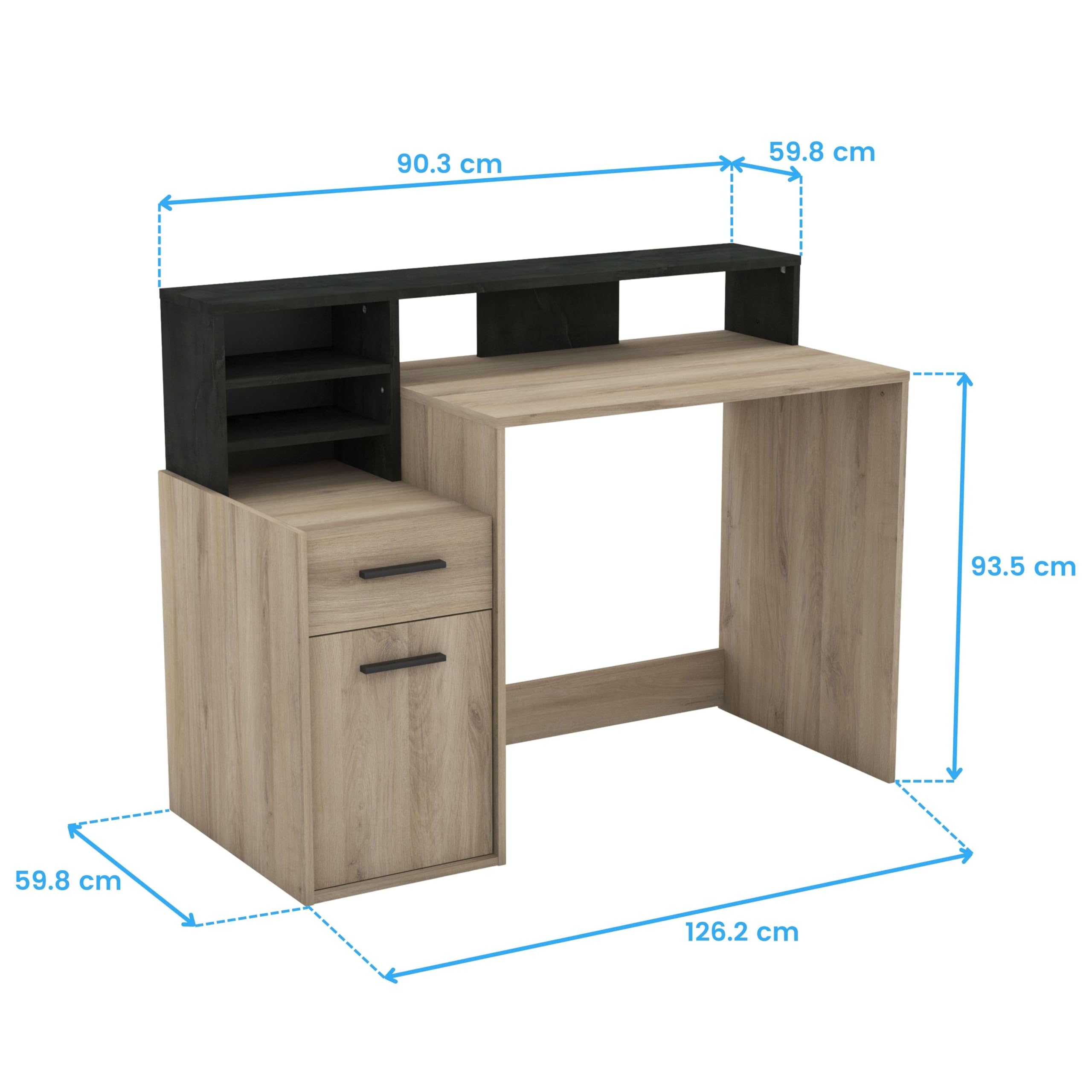 Demeyere - Escritorio pequeño con Almacenamiento de Madera de Roble con 1 Puerta y 1 cajón - Óptimo para Estudiantes - Estilo Industrial - Color Kronberg y Negro Pizarra - Melamina - 127 x 94 x 60 cm