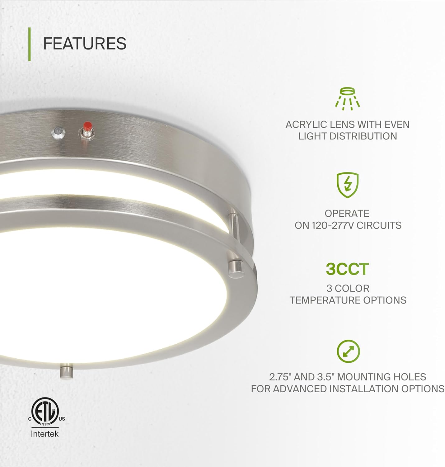 ASD LED 12" Round Flush Mount Lighting, Close to Ceiling Light Fixture | 3CCT, Dimmable, Battery Backup, ETL Listed | 20W 1876LM 3000-5000K 100-277V | Low Profile Double Ring Lamp | Nickel