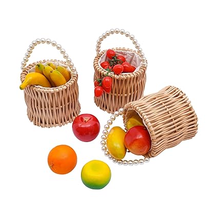 8Pcs Wicker Wedding Flower Girl Baskets, Wicker Rattan Flower Basket with Pearl Handle, Portable Picnic Basket, 5.9 x 6.5 Inch Handcraft Flower Girl Baskets for Weddings Banquet Party