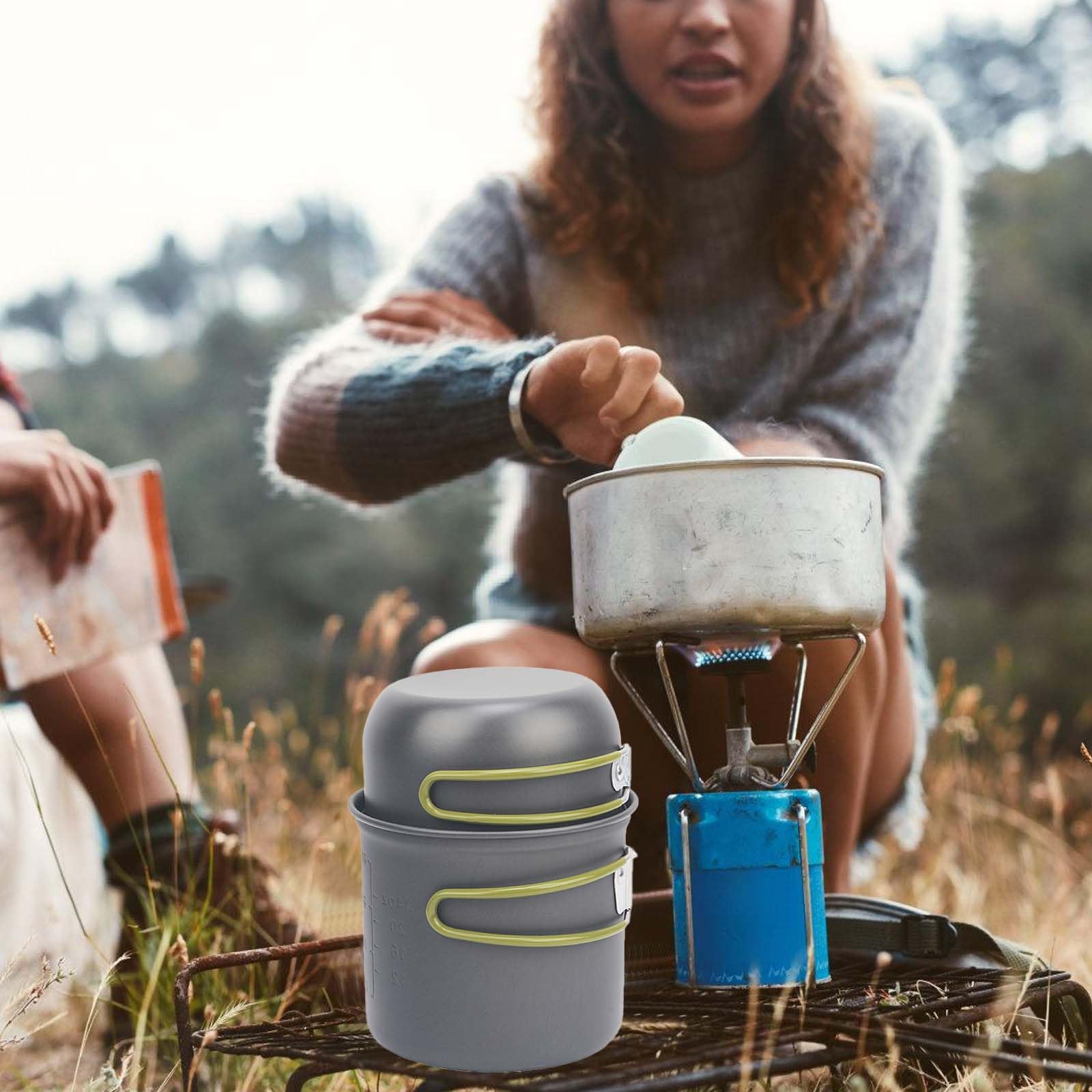 Camping Kochgeschirr Set für 1-2 Personen, Camping Geschirr Set aus Aluminium, Tragbare Camping Topf Pfanne Set mit Faltbare Besteck, Besteck Outdoor Topfset für Kochgeschirr Reisen Wandern