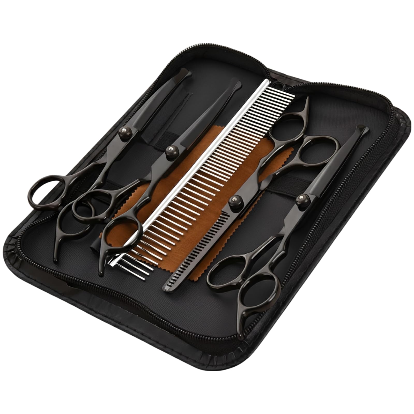 7-tlg. Fellpflege-Scheren-Set für Hunde mit gerader Schere, Effilierschere, gebogenen Hundescheren, Stahlkamm, Reinigungstuch und Etui, 6 in / 15,2 cm, Edelstahl, zum Schneiden von Tierhaaren zu Hause