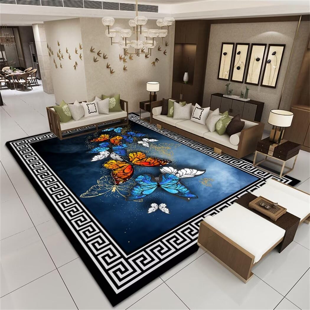 Tapis de salon lavable grand format 140x210 cm antidérapant bleu