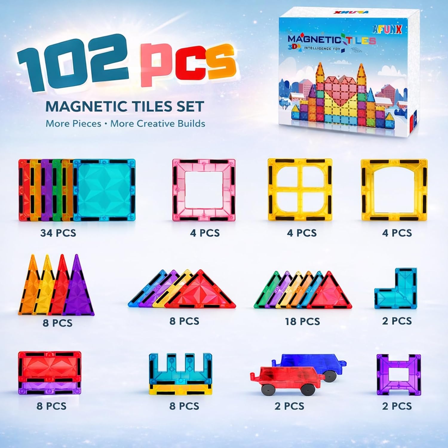 AFUNX Magnetic Tiles, 102PCS Magnet Building Blocks with 2 Cars, 3D Diamond Magnetic Blocks, Construction Stem Toys for Kids, Educational Toys for Boys Girls Ages 3 4 5 6 7 8 (102 PCS)