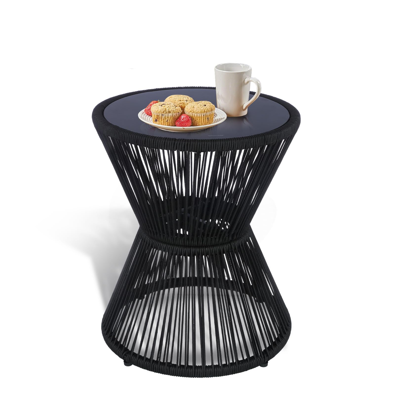 Photo 1 of SUNNYPARK Outdoor Side Table 20'' H Small End Tables Woven Rope Weather Resistant with Glass Top Round Coffee Table for Indoor Balcony Patio Poolside (Black)