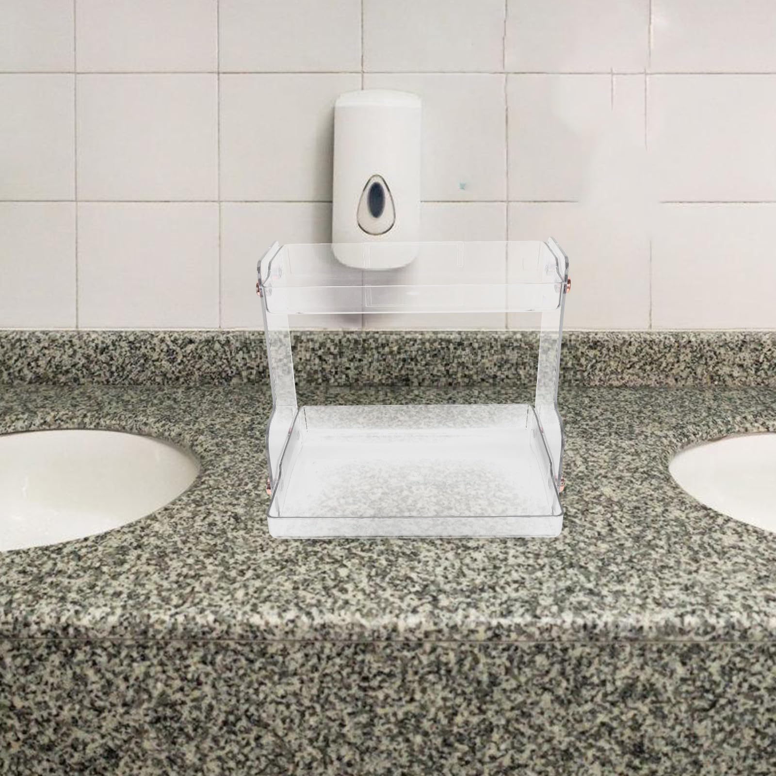 SOLUSTRE Organizzatore per Bagno a Doppio Livello per Cosmetici, 2 Piani in Acciaio Inox e PET, Ripiano da Scrivania per Spezie e Prodotti per l'Igiene