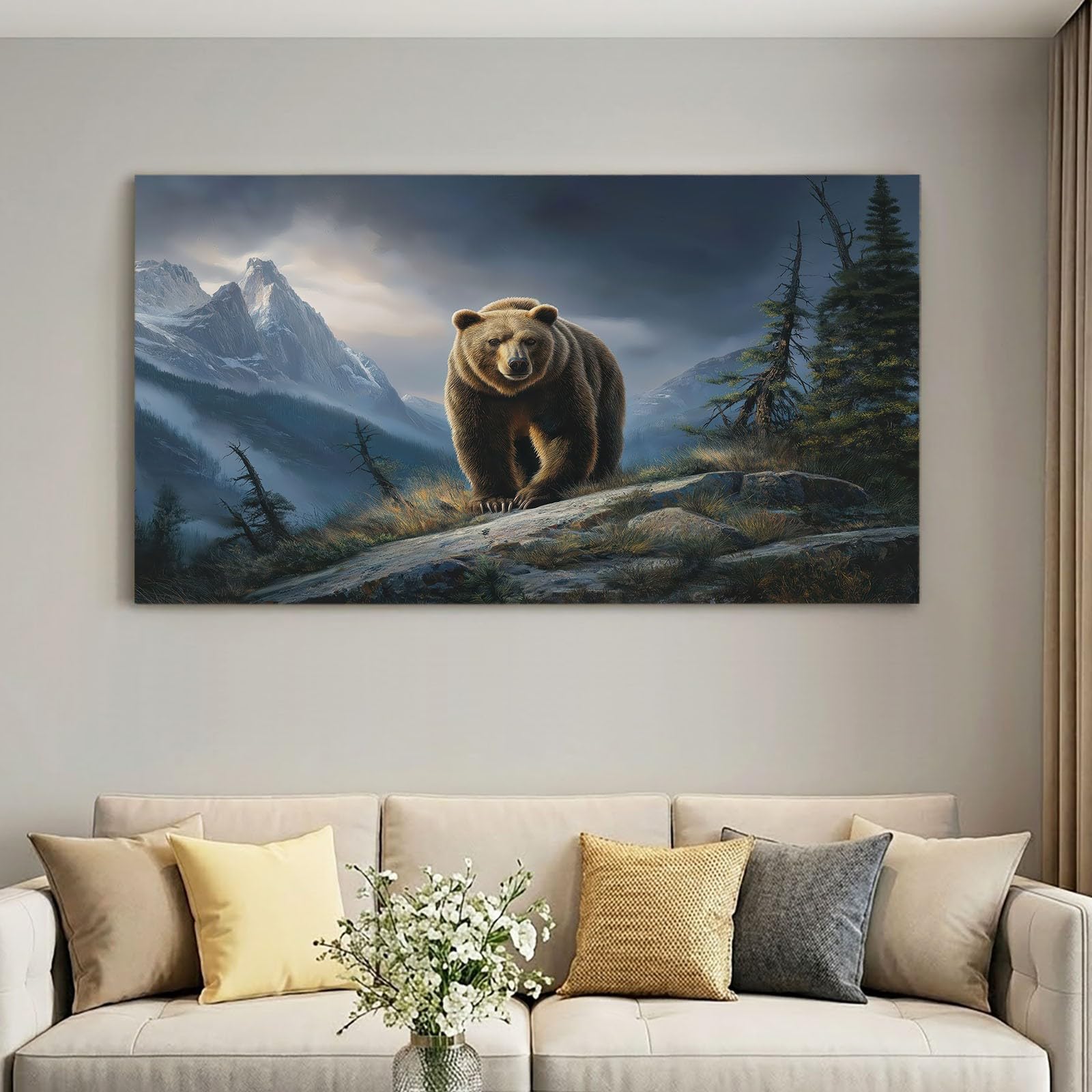 Zapierający dech w piersiach obraz na płótnie z włókniny Natura Snowberg 140 l x 70 W cm Motyw zwierzęcy niedźwiedź Grizzly obraz ścienny do dekoracji ścian salonu, sypialni, wydruki artystyczne