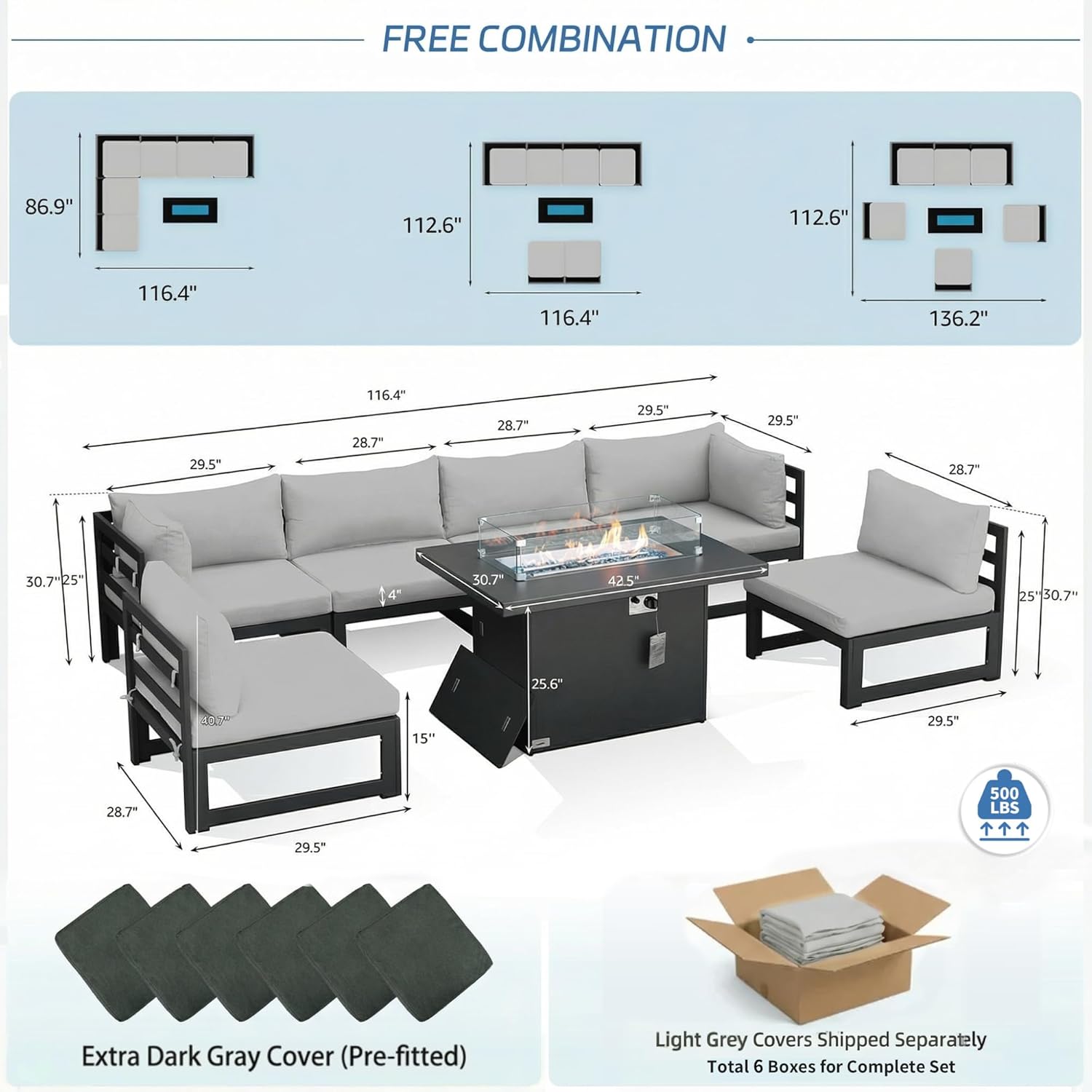 NICESOUL Powder Coated Aluminum Patio Furniture Set with Fire Pit Table, 7 Piece Deep Seat Extra Wide Outdoor Sectional Sofa for 6, L Shaped Luxury Large Conversation Set for Poolside, Light Gray