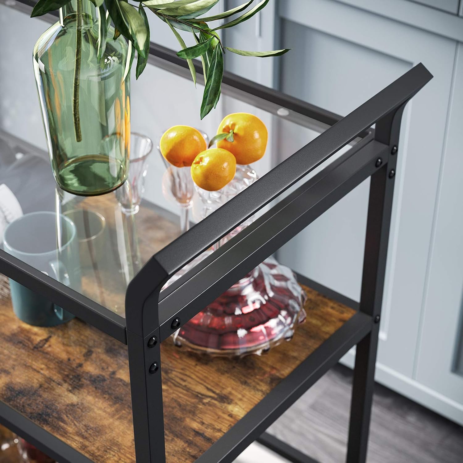 VASAGLE Bar Cart, Serving Cart on Wheels with Storage Shelf, Wine Glass and Bottle Holders, Glass Top, Industrial, Rustic Brown and Black ULRC086B01