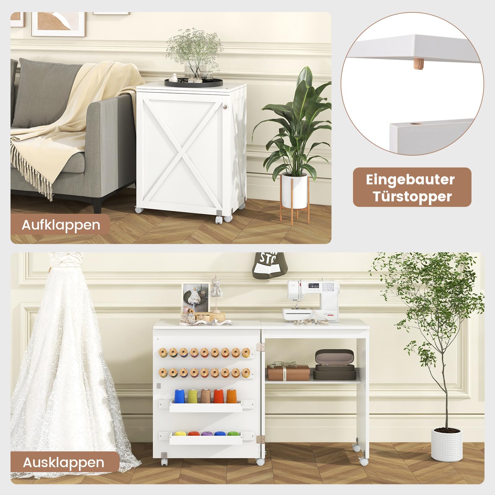 COSTWAY 2 in 1 Nähschrank & Schreibtisch klappbar, Nähtisch Mehrzweck-Bastelstation mit Ablagefläche, 2 Tabletts,18 Klammern, Scheunentür & 5 feststellbaren Rollen für kleine Räume (weiß)