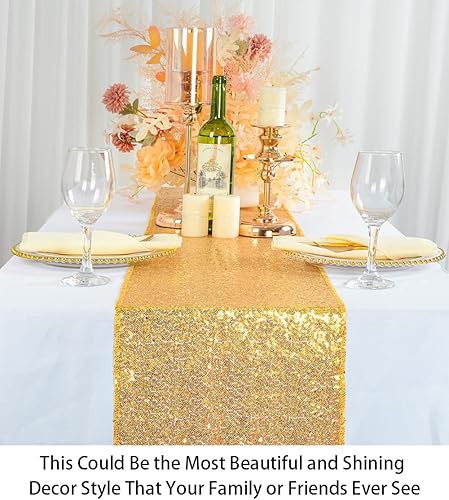 Vista 32 de Camino de mesa de lentejuelas doradas, 12 x 72 pulgadas, paquete de 15 caminos de mesa de boda con purpurina, camino de mesa dorado brillante