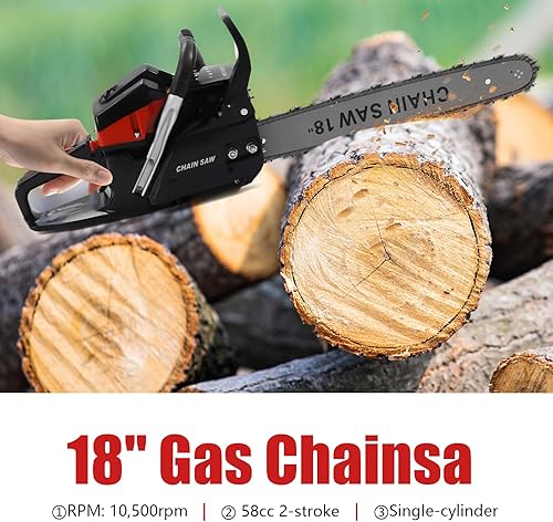 Miniatura 8 de TFCFL Motosierra a gas de 18 pulgadas, 2 tiempos 58CC sierra de cadena de tablero de guía de gasolina a mano para corte de madera profesional