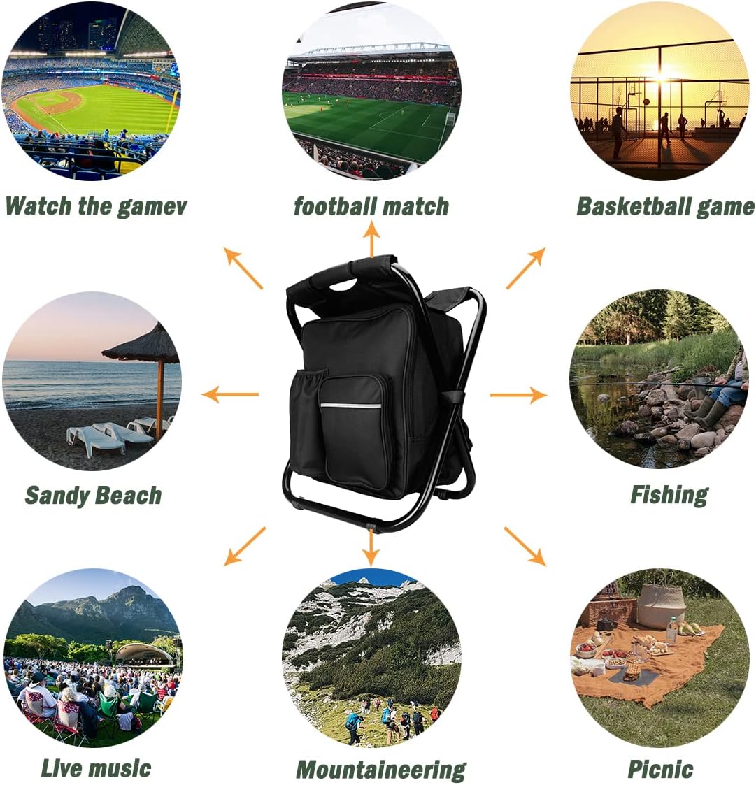 Folding Chair Stool Camping Backpack, Cooler Insulated Picnic Bag, Hiking Camo Ultralight Seat Table Bag Camping Gear for Outdoor Indoor,Show,Competition,Fishing,Travel,BBQ (Black)