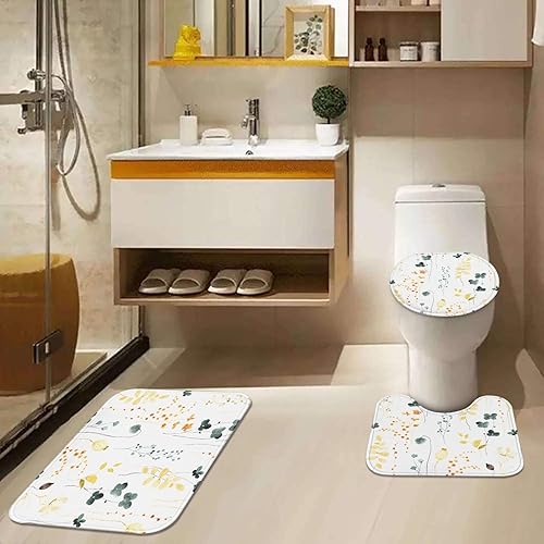Miniatura 6 de ArtSocket Juego de baño floral amarillo con cortina de ducha y alfombras y accesorios, juego de cortina de ducha de hojas de flores verdes de