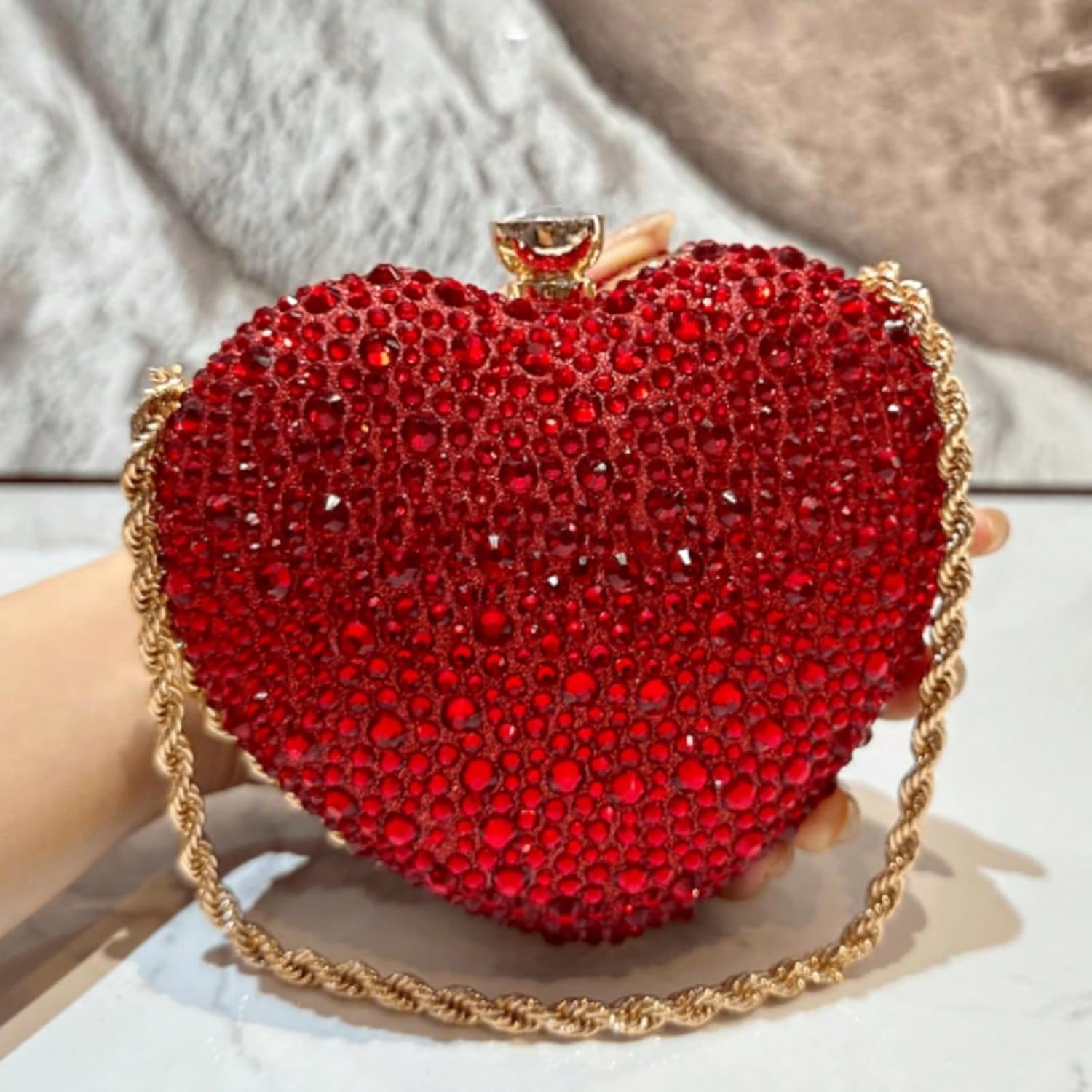 Red Heart Rhinestone Clutch Bag for Women – Sparkling Wedding Evening Purse with Chain Strap, Formal Party Handbag - Image 2