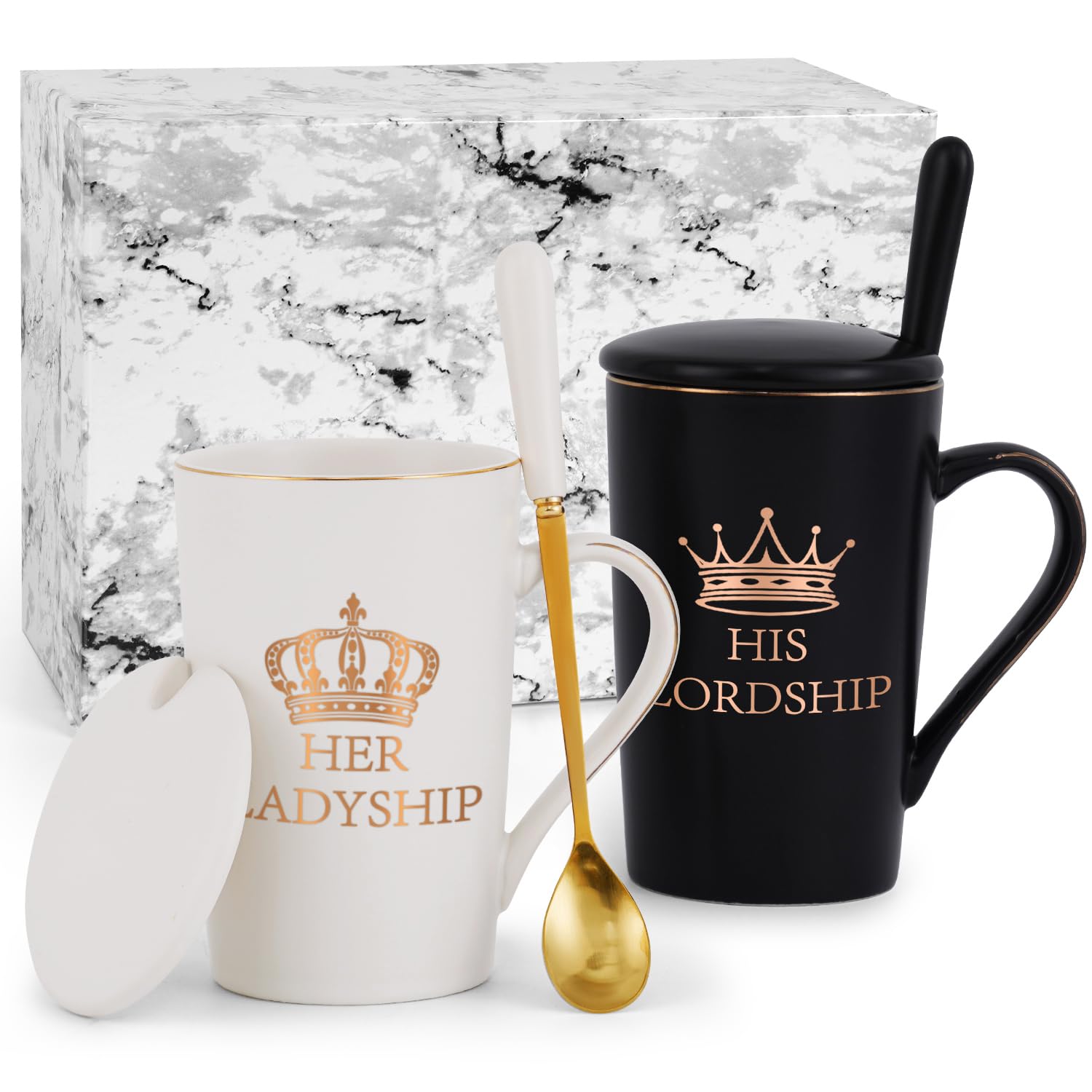 Joymaking Gifts for Couple His Lordship & Her Ladyship Coffee Mug Set for Parents Anniversary Wedding Christmas Gifts for Him Her 14Oz Black-White