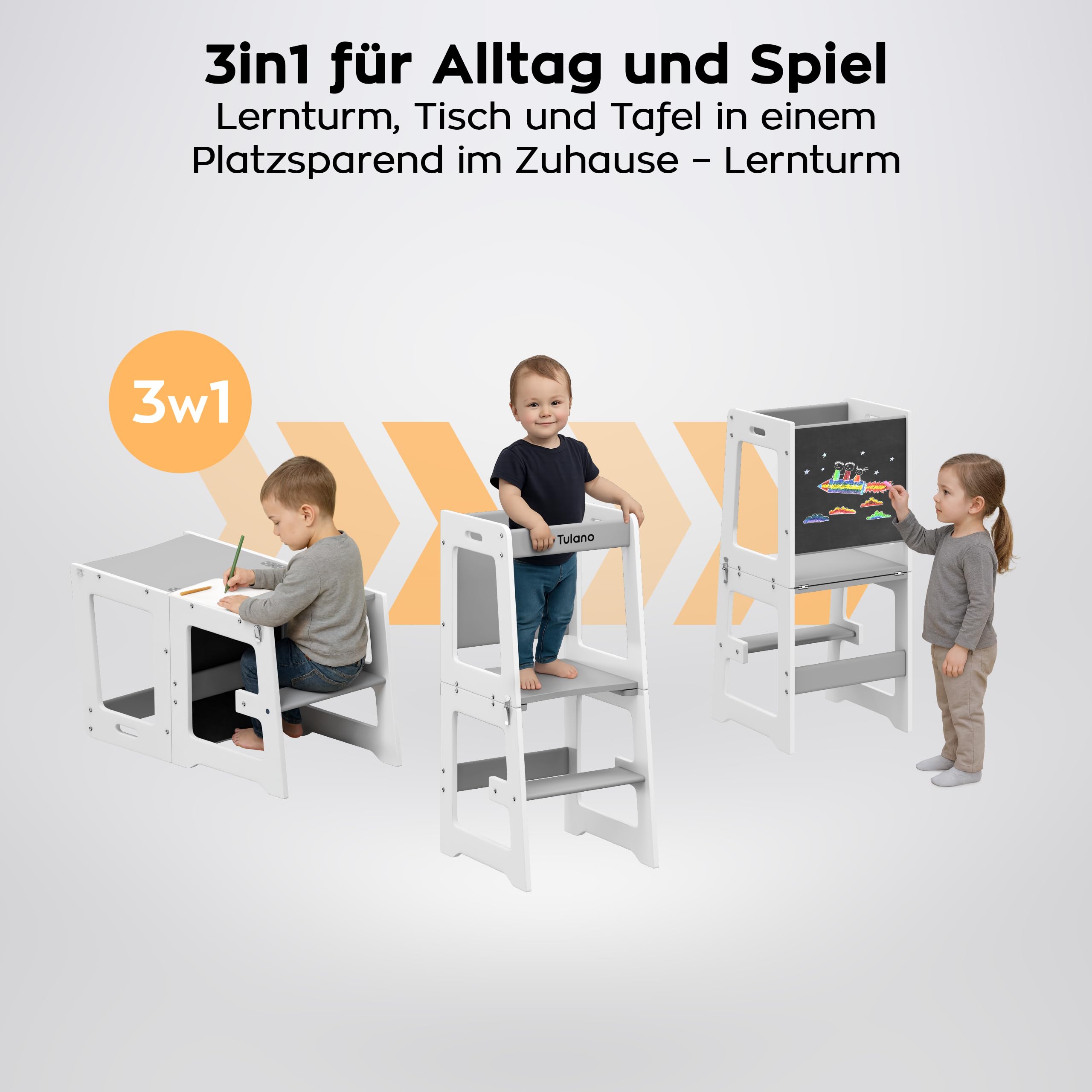 Tulano Mooby 35 Lernturm 3 in 1 für Kinder ab 1 Jahr - Stabil bis 60kg | Montessori Kitchen Helper umbaubar zu Tisch mit Stuhl & Maltafel - Kindermöbel aus MDF - Tritthocker Küche - Grau