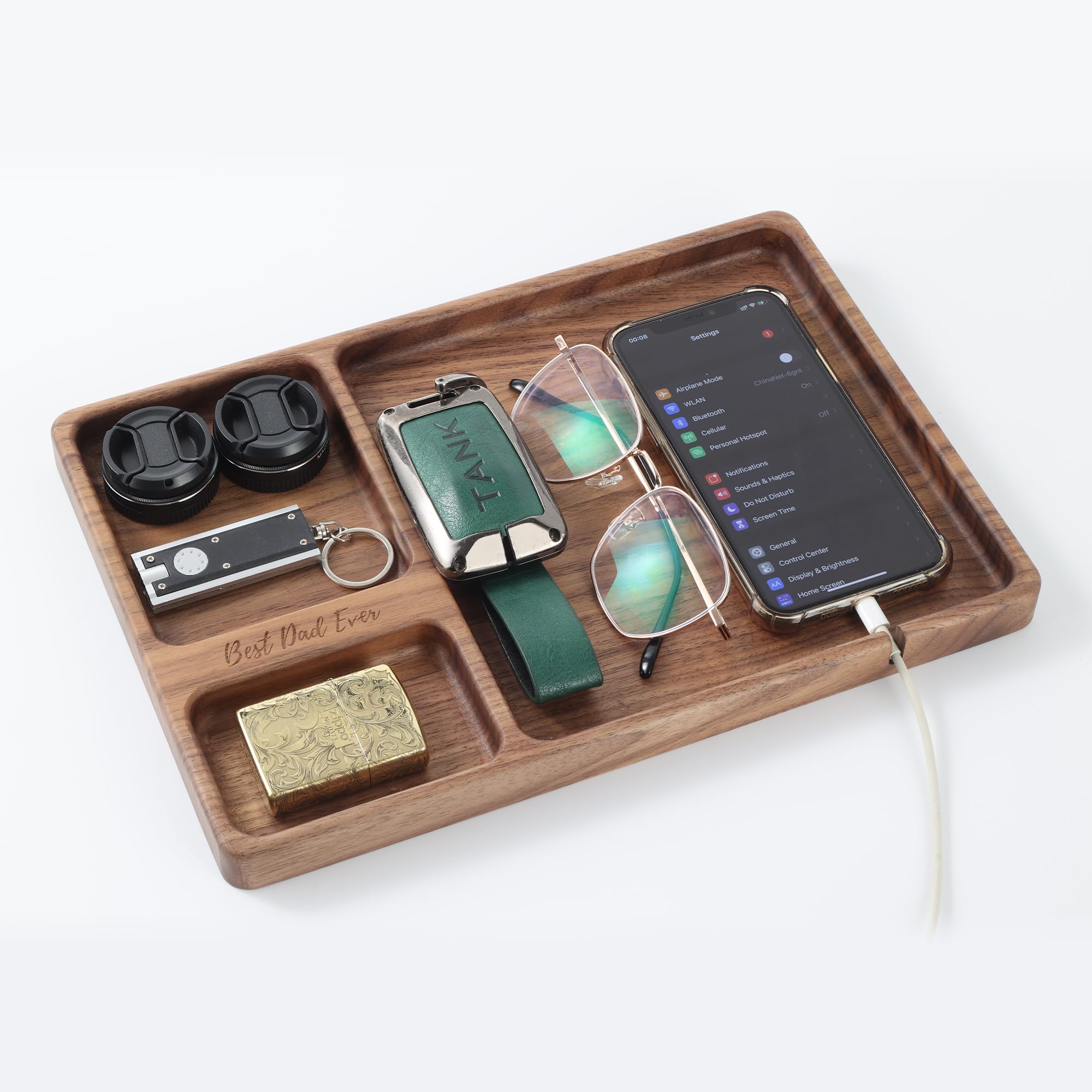 SEEDWAVE Best Dad Ever Valet Tray - Walnut Wood Nightstand Organizer for Men Women, Catch All Tray for Phone Jewelry Cologne Key, for New Dad