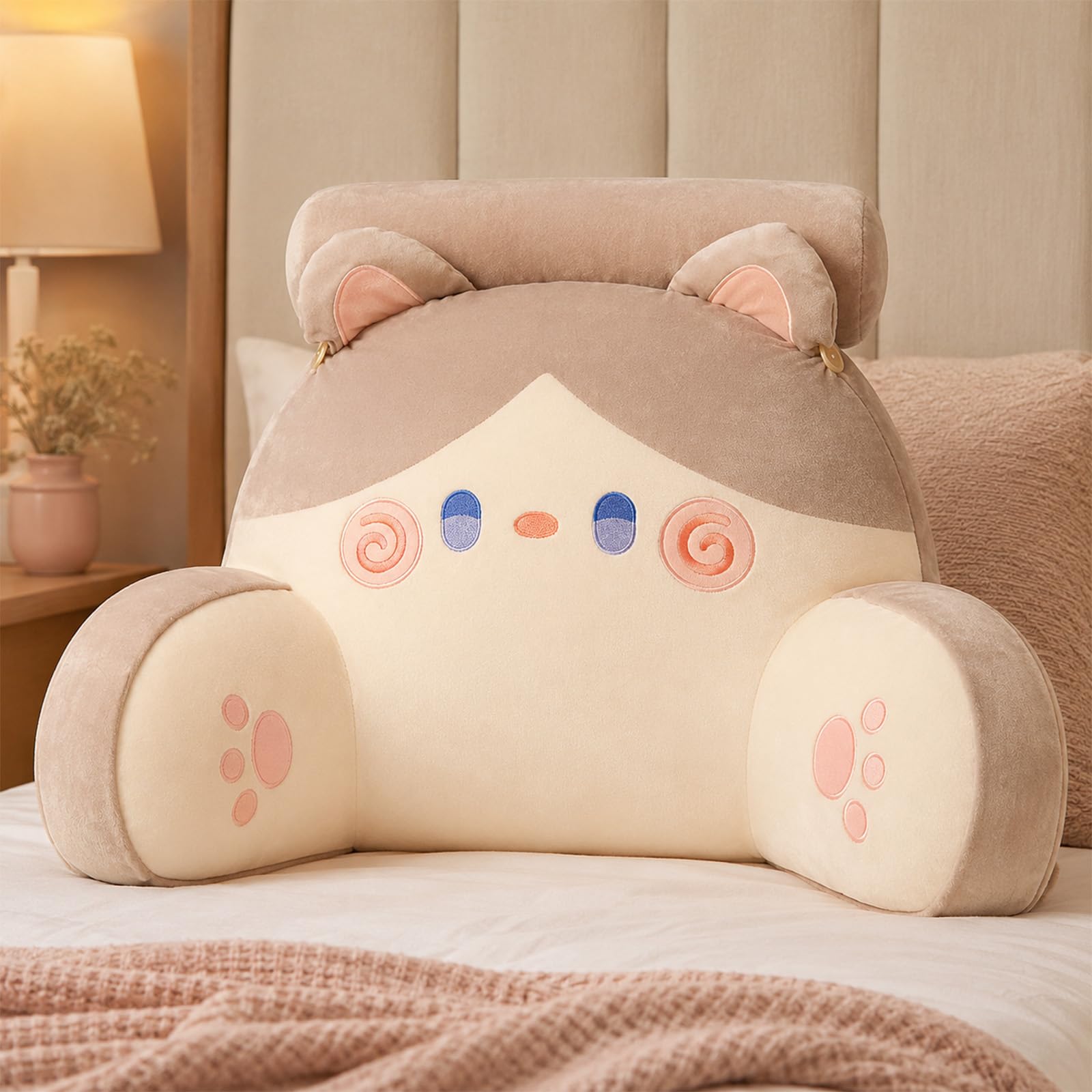 Cuscino Ergonomico da Lettura, Morbido Peluche con Imbottitura PP, Schienale Alto, Cuscino da Lettura per Letto E Poltrona con Cuscino Removibile, per Adulti E Ragazzi,Cream Cat,75X50CM