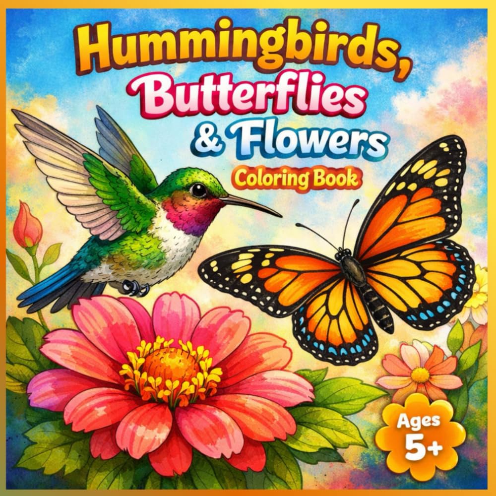 Hummingbirds Butterfliers & Flowers Coloring Book: Coloring Book