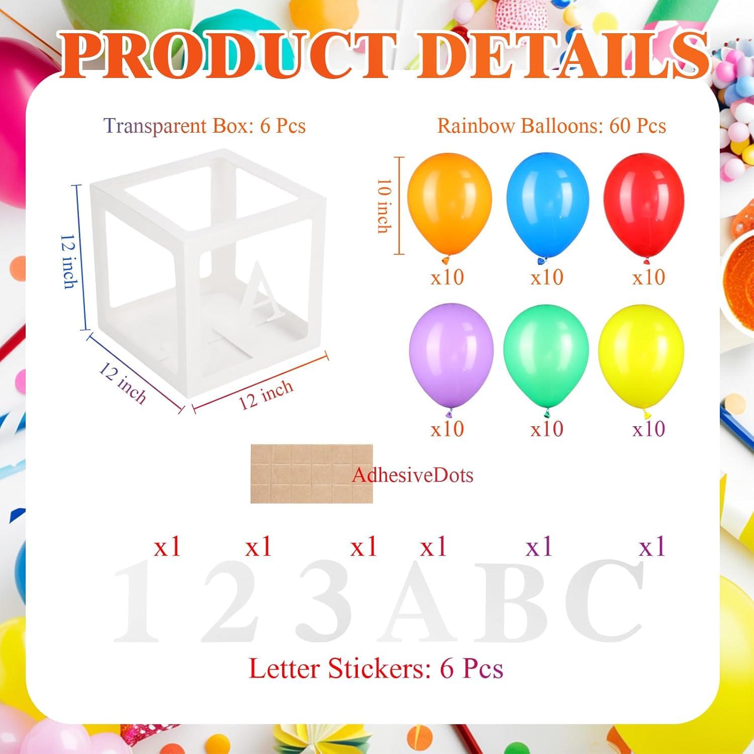 Zhanmai 6 Pcs Abc and 123 Balloon Boxes with 60 Rainbow Balloons Toy Inspired Street Decorations Baby Shower Party Decor(6 Pcs Stickers)
