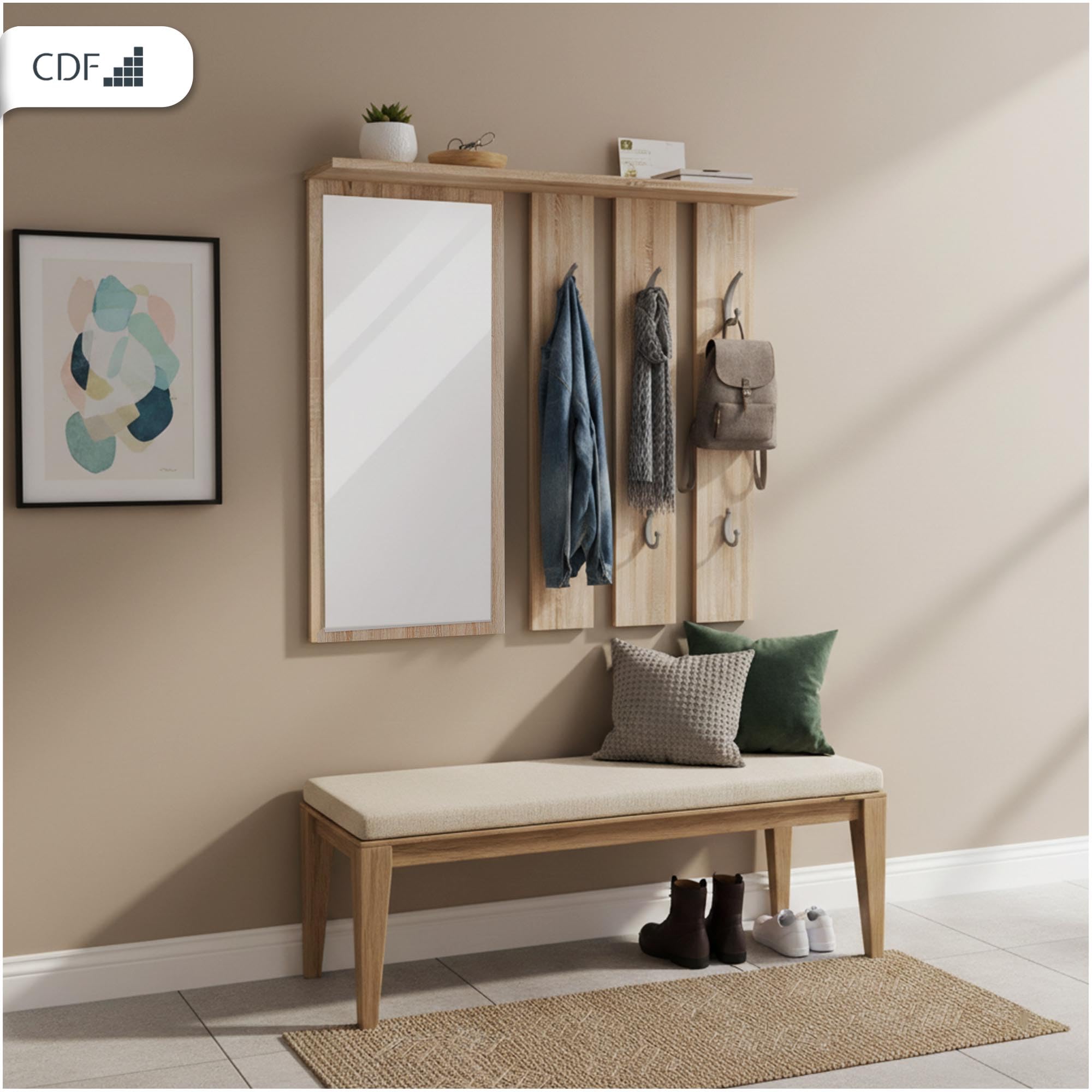 CDF Kleiderständer Opal | Farbe: Eiche Sonoma | Platz für Kleidungen, Mäntel, Jacken | Ideal für EIN Vorzimmer, Flur, Arbeitszimmer, Büro | 6 Haken | Einlageböden | großer Spiegel