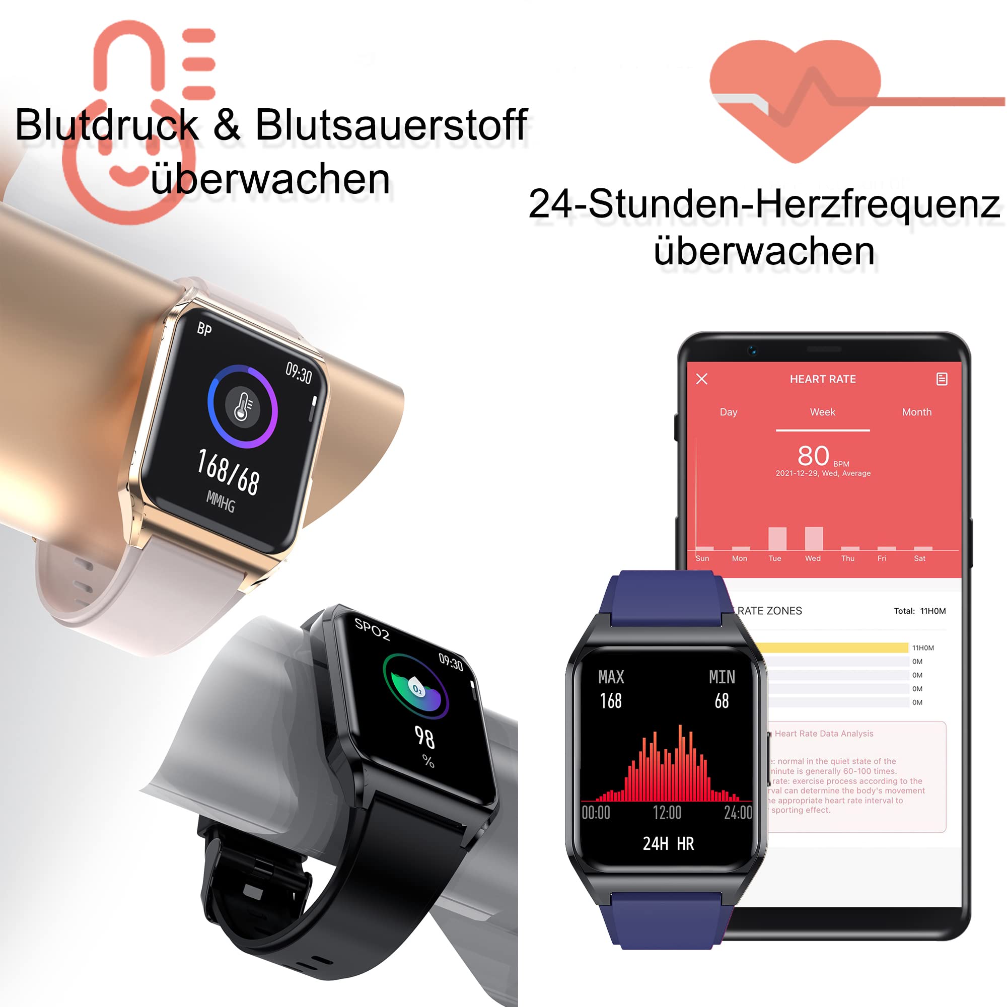 Smartwatch Telefonieren, Fitness Tracker 1.69 Zoll Touchscreen Fitness Uhr mit Blutdruckmessung Kalorie Musik Schrittzähler Herzfrequenz Schlafanalyse Sportuhr Smart Watch für Android iOS