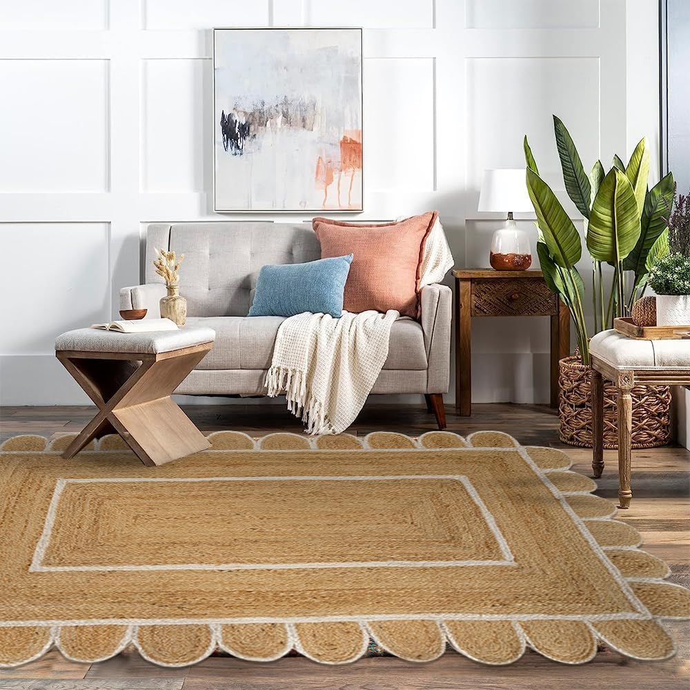 Amazon.com: GRUHUM Jute Area Rugs 5x8 ft Scalloped Rectangular Natural ...