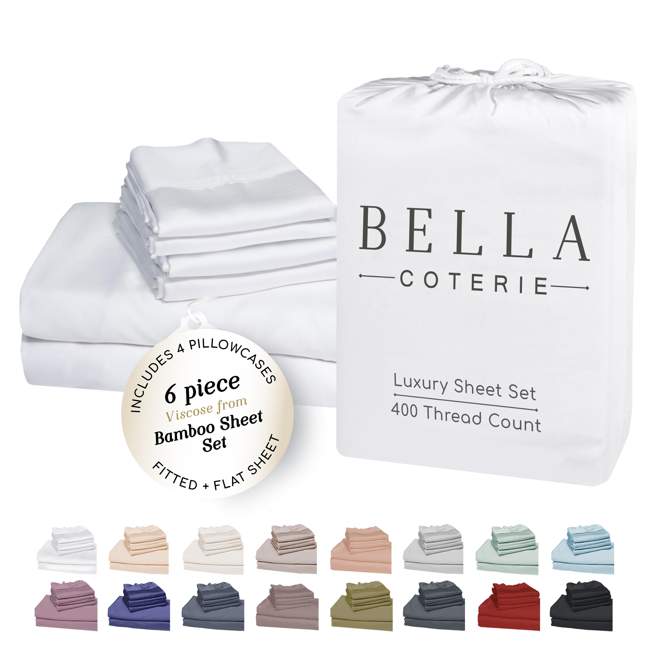 Photo 1 of Bella Coterie 6 Piece Luxury Bamboo Viscose California King Size Sheet Set | 100% Organically Grown | Cooling for Hot Sleepers | 18" Deep Pocket | Soft & Hypoallergenic | 4 Pillowcases [White]