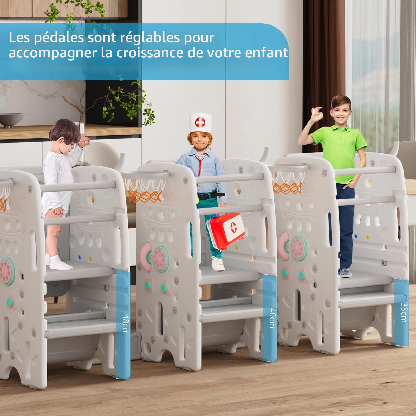 Gupamiga Tour d Observation Enfant, Tour D'observation Montessori Réglable en Hauteur, Tour d'apprentissage avec Planche à Dessin (Gris et Blanc)