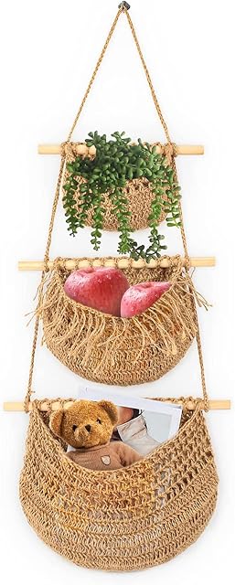 Hanging Fruit Basket, 3 Tier Over the Door Basket, Handmade Woven Jute Wall Hanging Baskets for kitchen, Living & Bathroom Bedroom (Jute)