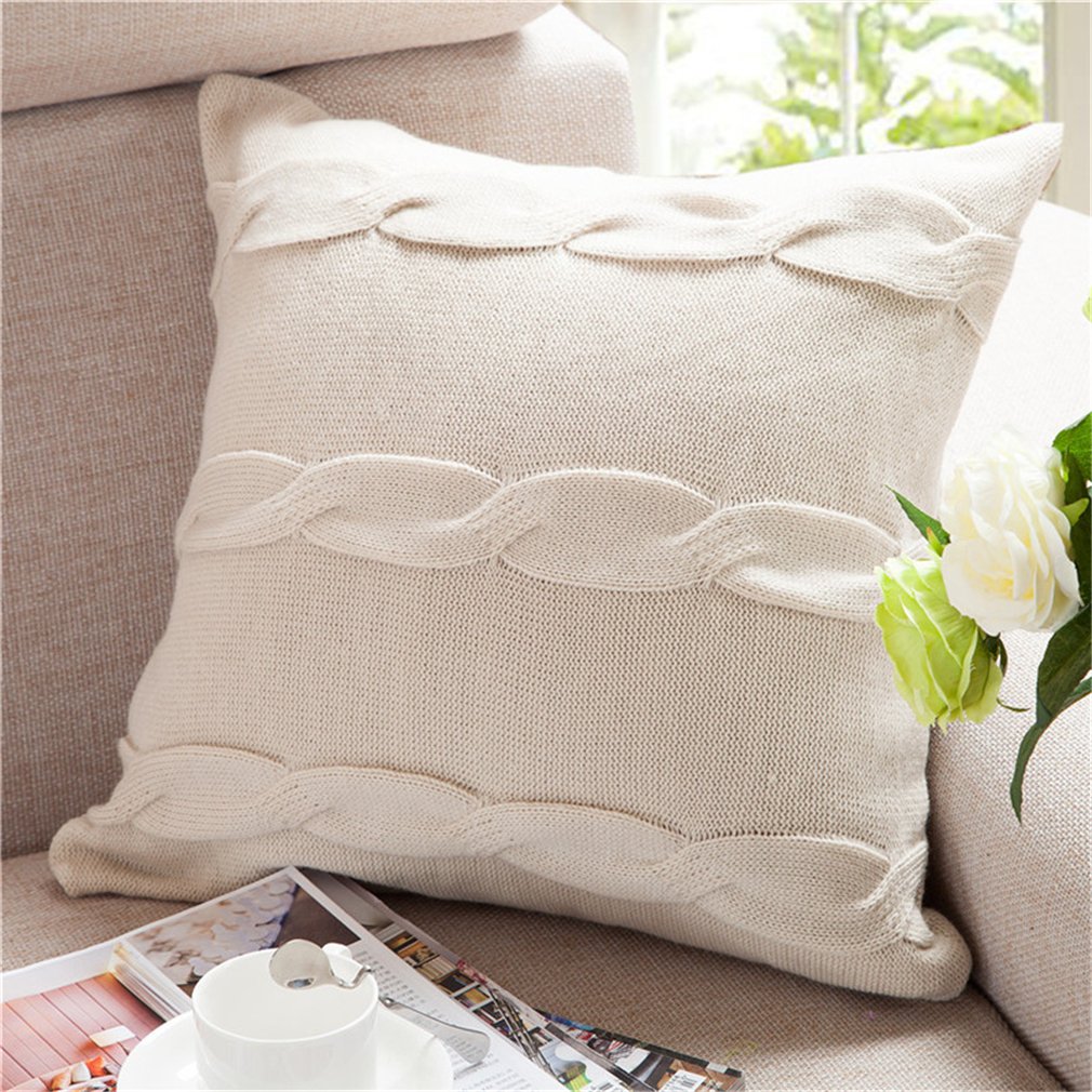 Cotton Knitted Double-Cable Warm Throw Pillow Case Cushion Cover for Bed Sofa Couch Decoration (Cover Only, Beige)