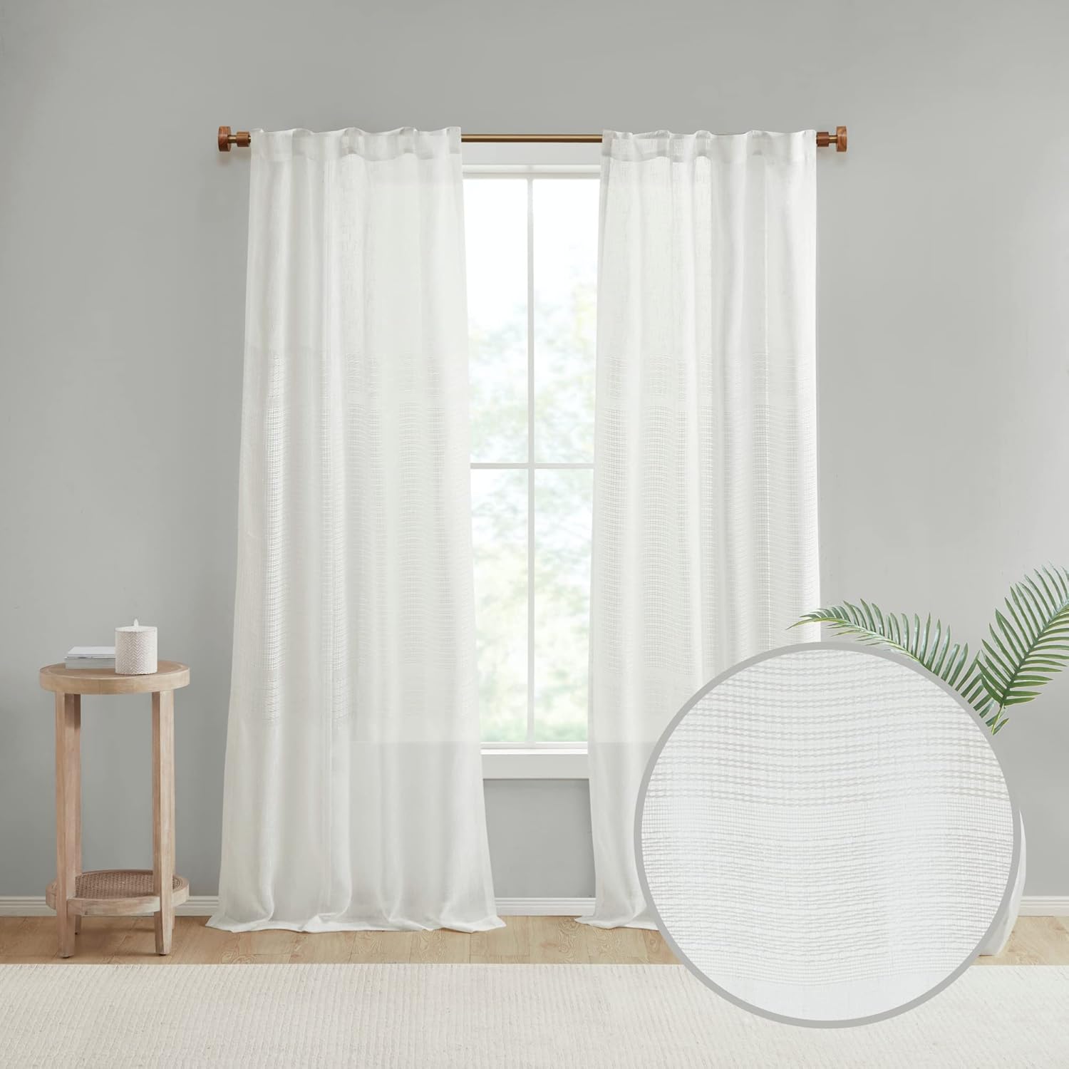 Madison Park Aida 2-Panel Pack Sheer Curtains, Yarn Dye, Woven Linen, Hadcrafted Detailing, Window Treatment Pair, Rod Pocket Top, Easy to Hang, Fits 1.25" Rod, Machine Washable, 37" x 84" White