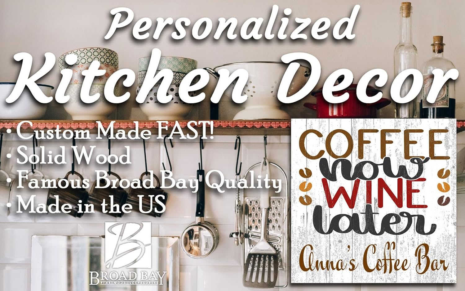 Custom Coffee Bar Sign for Kitchen or Coffee Bar PERSONALIZED Name Wood Wall Decor for Kitchen, Coffee Bar, Home, Office - Solid Wood - 10.5in x 10.5in (Coffee Now Wine Later)